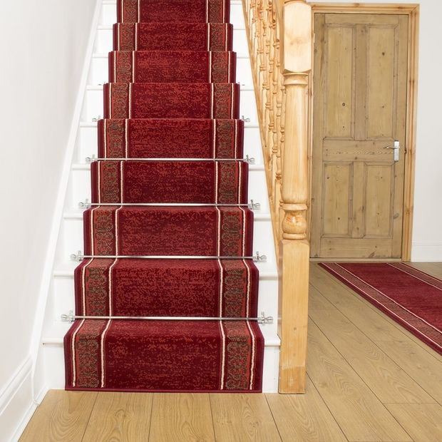 Native Red stair runner|Illuminated staircase with wooden steps and white risers|Wood Staircase Inside Contemporary White Modern House.|Woman Walks up Patterned Tile Staircase in Sandals|Stair Which Rainbow Colors Painted Treads, Bright Winter, Vertic