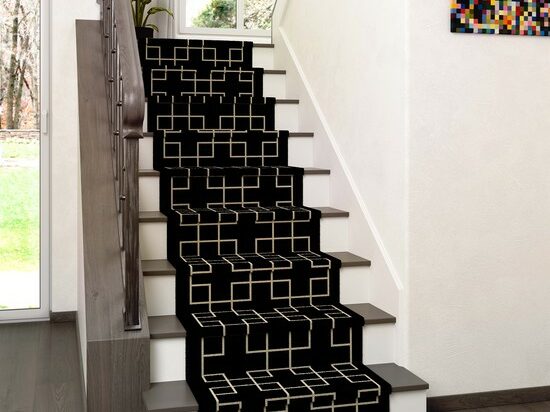 modern small staircase with black-patterned stair runners