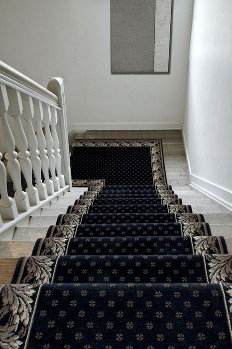 |silver Victorian stair clips with a blue rug|||||dark brushed brass eastern promise stair rod|Measure carpet for stairs