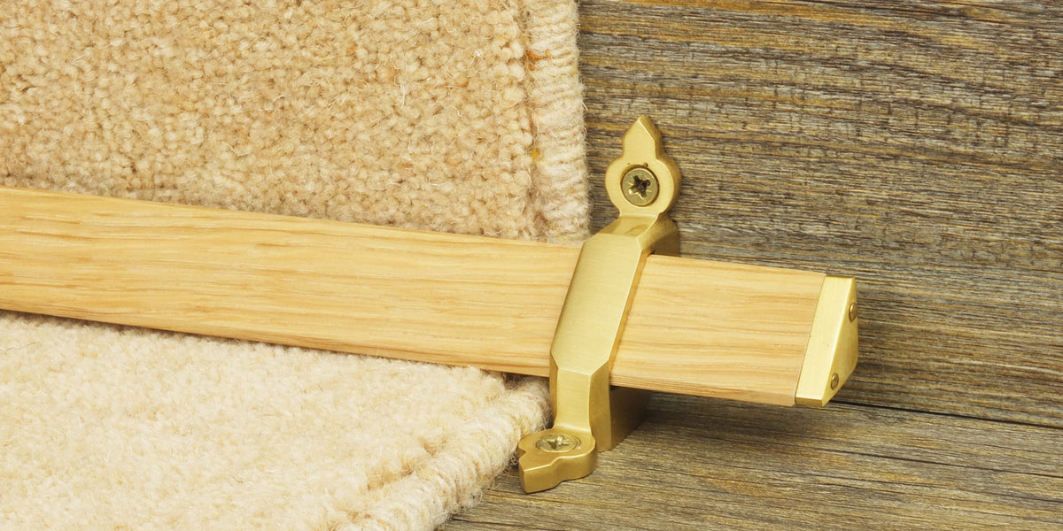 Tudor Stair Rods in Light Satin Brass | Classic Wooden Finish